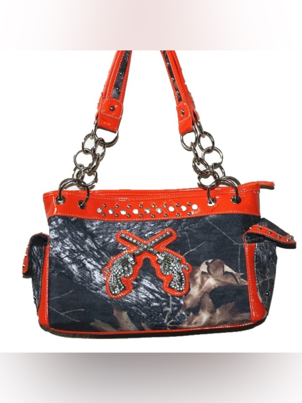 Orange Accent Camouflage Tote Handbag with Rhinestone Gun Motif